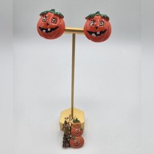 Festive Pumpkin Brooch With Gold Accents And Clip  Earrings